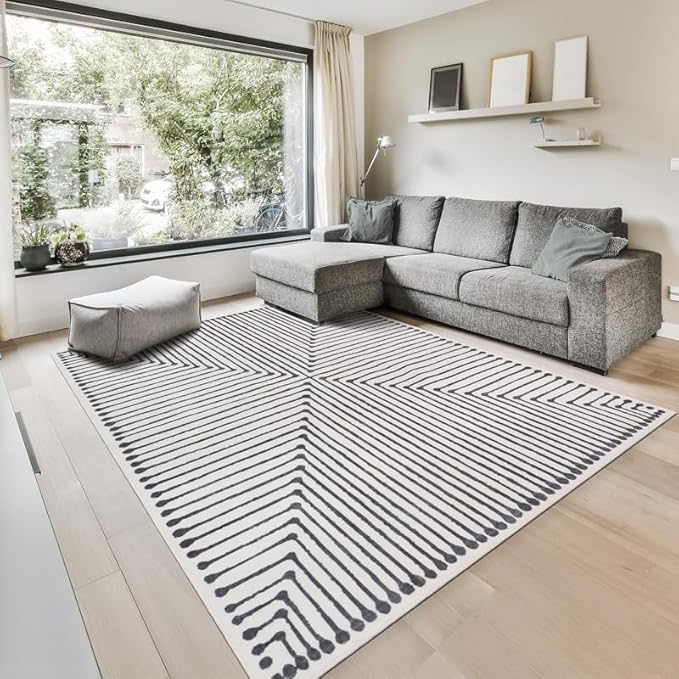 GLN Rugs Contemporary Collection - Machine Washable Area Rug, Contemporary Washable, Non Slip, Low Pile Chenille Rug, Living Room, Bedroom, Kitchen Rug (3' x 5' Black Beige)
