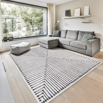 GLN Rugs Contemporary Collection - Machine Washable Area Rug, Contemporary Washable, Non Slip, Low Pile Chenille Rug, Living Room, Bedroom, Kitchen Rug (3' x 5' Black Beige)