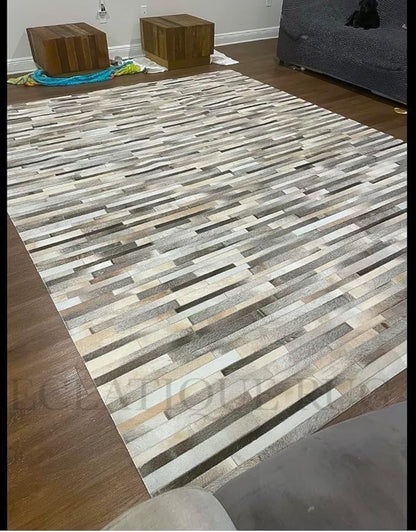 Cowhide Leather Rug for Living Room 8x10, Modern Stripes Style Floor Carpet, Dark Grey Area Rug for Home Decor