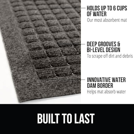GORILLA GRIP Front Door Mat, 47x35, Indoor Outdoor Ultra Absorbent HydroAbsorb Doormat, Absorbs Up to 6 Cups of Water, Stain and Fade Resistant, Rubber Backing Doormats, Captures Dirt, Charcoal