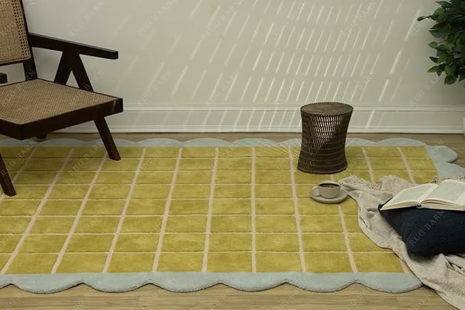 Checkered Wool Area Rug with Scalloped Border, Chartreuse Green & Cream Grid, Hand-Tufted, Soft Cut Pile, Modern Cottagecore Living Room, Bedroom & Nursery Carpet - 5x5 Ft (Round)