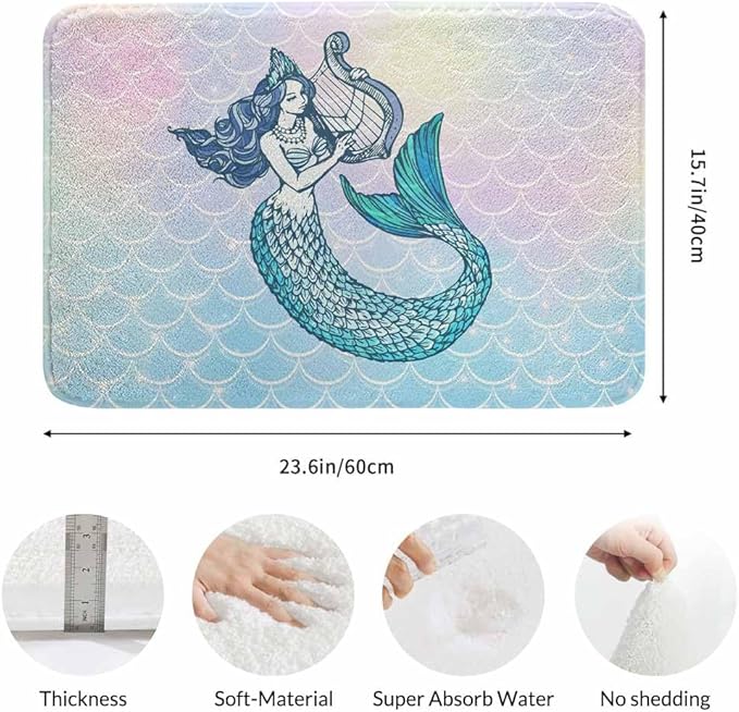 Mermaid with Harp Bath Mat for Bathroom Colorful Fantasy Scales Unicorn Pink Gradient Texture Bath Rugs Door Mat Non Slip Rubber Backed Bathroom Floor Mat for Bathtub Sink Shower 16"X24"