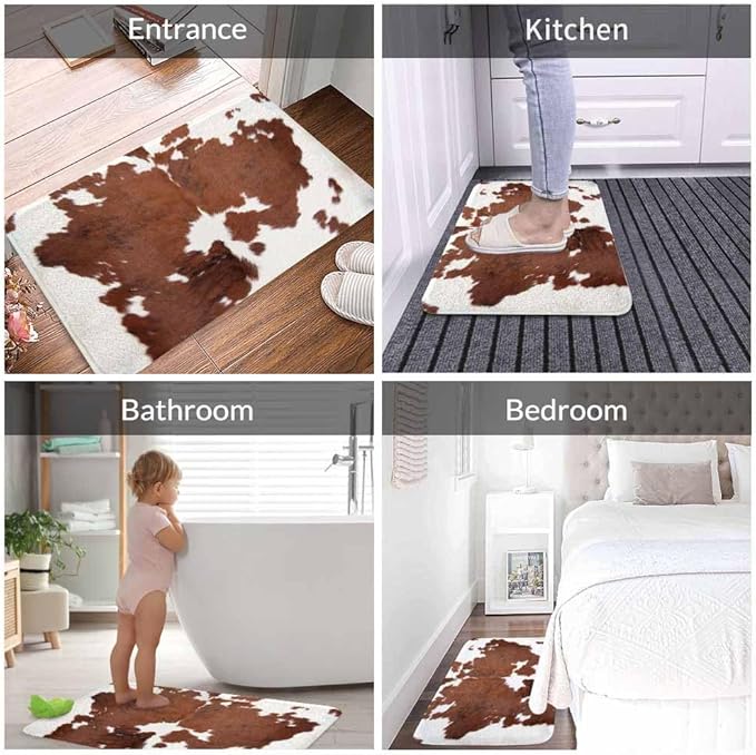 Cowhide Bath Mat for Bathroom Farm Animal Brown Cowhide Print Cow Bath Rugs Door Mat Non Slip Rubber Backed Bathroom Floor Mat for Bathtub Sink Shower 20"X32"