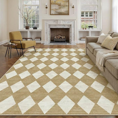 8x10 Checkered Area Rugs for Living Room Brown Machine Washable Large Rug Non-Slip Stain Resistant Low Pile Boho Accent Indoor Throw Carpet for Bedroom Dining Room Home Aesthetic Decor