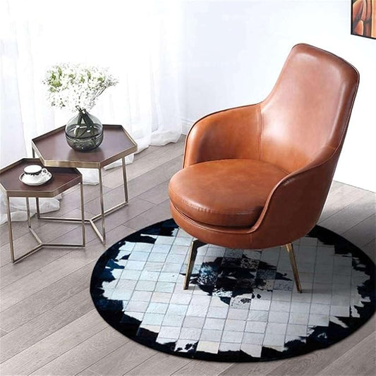 Round Black & White Cowhide Leather Area Rug – Modern Geometric Circle Carpet for Bedroom, Living Room, Dining, or Office – Soft, Non-Slip, Washable Accent Floor Rug | 5x5 ft