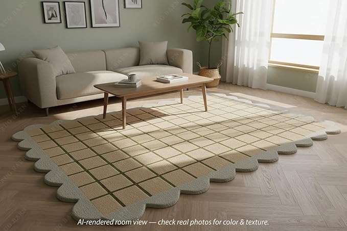 Scalloped Border Wool Area Rug with Windowpane Grid, Hand-Tufted, Beige-Blush with Sage Lines & Light Purple Edge - Soft High-Low Pile for Living Room, Bedroom, Nursery - 8x11 Ft