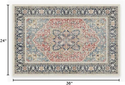 RUGGABLE Washable Vintage Area Rug – Kamran Cayenne Red 2x3, Stain-Resistant, Non-Slip – Small Machine Washable Rugs for Living Room, Bedroom, Hallway, Entryway & Bathroom–with Cushioned Pad