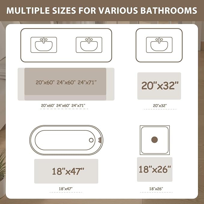 Uphome Bathroom Rugs Runner, Distressed Farmhouse Boho Khaki Bath Mat, Non Slip Washable Long Bath Rugs, Vintage Traditonal Soft Velvet Bathroom Runner for Bathtub Sink Shower, 20x60 inch