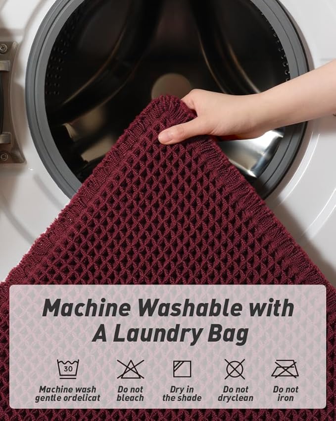 Upgraded Christmas Waffle Bath Mat, Super Absorbent Non Slip Bath Mats for Bathroom Floor, Machine Washable Bathroom Rugs with Tassels, Rubber Backed Bathroom Mats, Ultra Soft, 24" x 36", Burgundy
