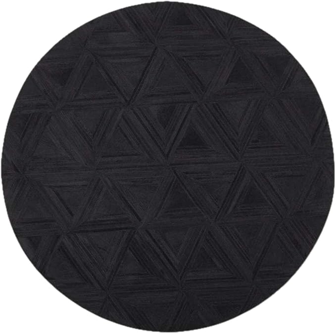 Black Round Area Rug 7×7 ft – Anti-Slip Cowhide Leather Rug with Geometric Pattern for Living Room, Bedroom, Dining Room, Kids Room & Modern Home Decor