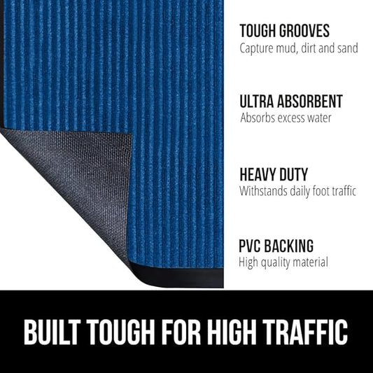 GORILLA GRIP Waterproof Traffic Guard Door Mat, 59x24, Heavy Duty Entryway Mats, Strong Rubber Back Commercial Utility Rugs for Office Hallway, Garage Floor and Home, Low Profile Carpet Runner, Blue