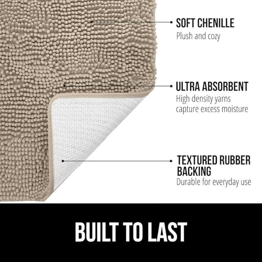 GORILLA GRIP Bath Rug Mat 70x24, Thick Absorbent Chenille, Quick Dry Microfiber Mats, Rubber Backing Washable Shower Floor Rugs, Bathmat Runner, US Designed Bathroom Home Decor Accessories Gray Beige