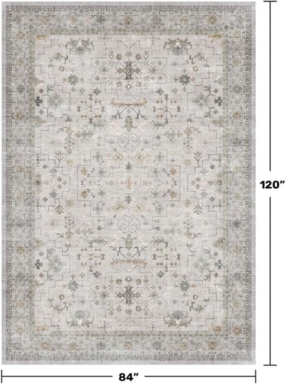 Boho Light Grey Living Room Rug 7x10 - Modern Vintage Eclectic Floral Pastel Neutral Taupe, Washable Low Pile Non-Slip Large Area Rugs for Dining Under Table Bedroom Lounge