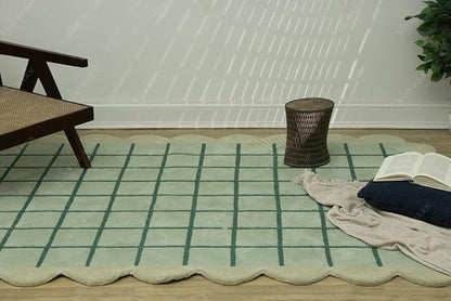 Mint Green Scalloped Edge Wool Area Rug with Checker Grid Design, Hand-Tufted Soft Carpet for Living Room, Bedroom, Nursery, Kids & Playroom Décor - 6x6 Ft (Round)