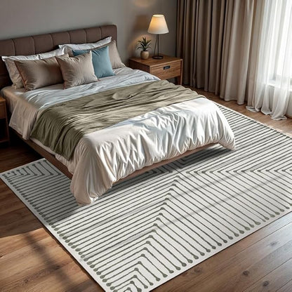 GLN Rugs Contemporary Collection - Machine Washable Area Rug, Contemporary Washable, Non Slip, Low Pile Chenille Rug, Living Room, Bedroom, Kitchen Rug (6' x 9' Green Beige)