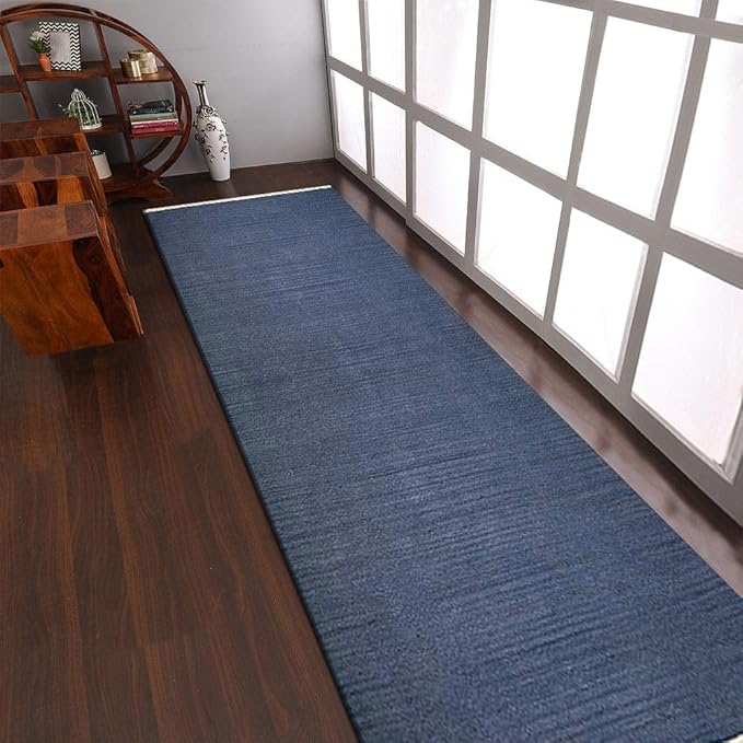 Rugsotic Carpets Hand Woven Flat Weave Kilim Wool ECO-Friendly Area Rugs - 2'6"x8', Runner Shape, Blue Color, Solid Plain Design, Low Pile Handmade 8ft Area Rugs for Living Room, Bed Room (D00111)