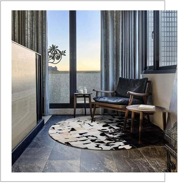 Cowhide Round Leather Rug 4x4 ft – Genuine Hair-On Hide Patchwork Area Rug for Living Room, Bedroom, Kids Playroom, Lounge & Western Home Decor