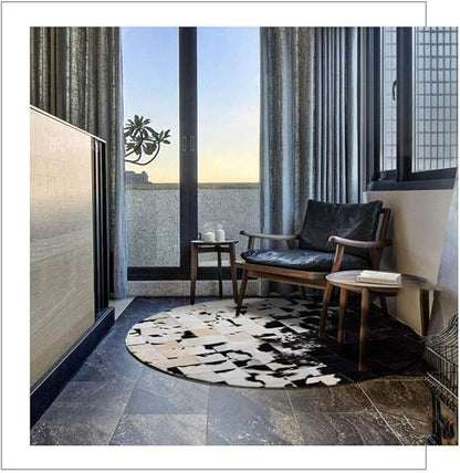 Cowhide Round Leather Rug 7x7 ft – Genuine Hair-On Hide Patchwork Area Rug for Living Room, Bedroom, Kids Playroom, Lounge & Western Home Decor