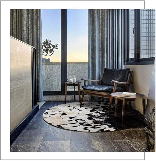 Cowhide Round Leather Rug 7x7 ft – Genuine Hair-On Hide Patchwork Area Rug for Living Room, Bedroom, Kids Playroom, Lounge & Western Home Decor