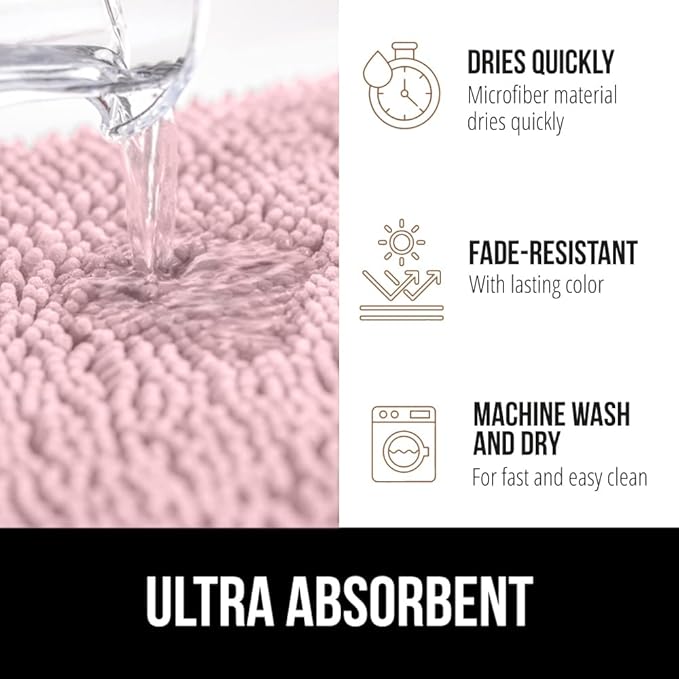 GORILLA GRIP Plush Absorbent Shaggy Chenille Bath Rug Mat for Oval Toilet Base with Rubber Backing, Machine Washable Rugs, Soft Microfiber Contour Mats for Toilets, Bathroom Decor, Lt Pink