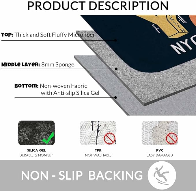 New York City Bath Rugs for Bathroom New York Theme on Black Background Durable Flannel Bath Rug Clearance Mats for Forlaundry Room and Kitchen Decor Carpt Washable 20 X 32 Inch Mat