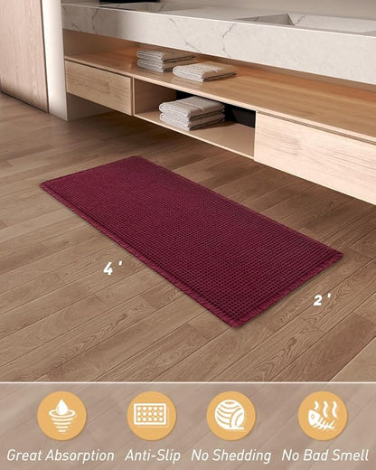 Upgraded Christmas Waffle Runner Rug Super Absorbent Non Slip Bath Mats for Bathroom Washable Bathroom Runner Rug with Tassels, Ideal for Hallway Bedroom Laundry Room, 2'x 4'(24" x 48"), Burgundy