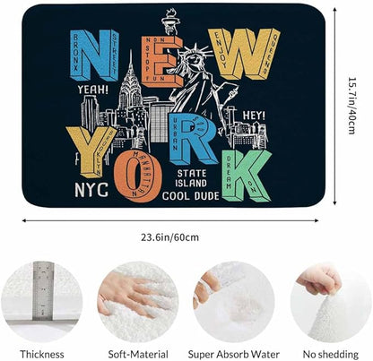 New York City Bath Mats for Bathroom New York Theme on Black Background Floor Bath Rugs Machine Washable Bathmat Carpet Rug Room Decor for Shower Floor 16 X 24 inch Mat