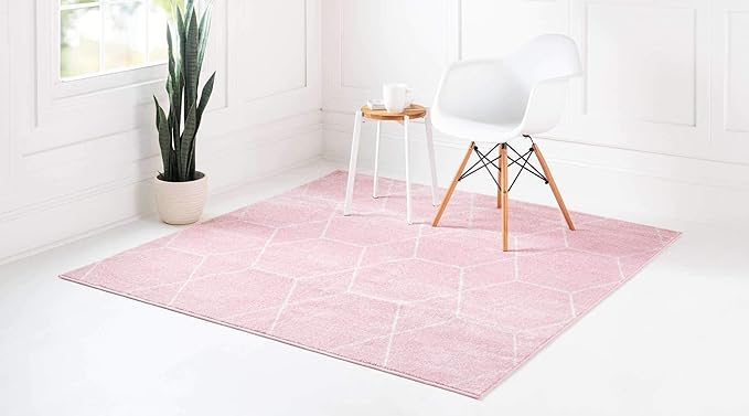 Unique Loom Trellis Frieze Collection Area Rug - Geometric (5' Square, Light Pink/ Ivory)