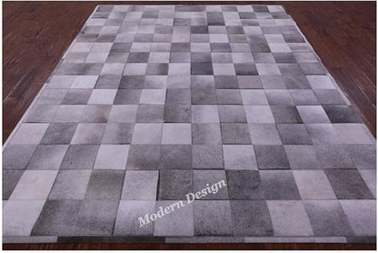 Modern Design Premium Cowhide Leather Carpet with Chevron Pattern, Area Rug (Grey, 9'6"x14'0)