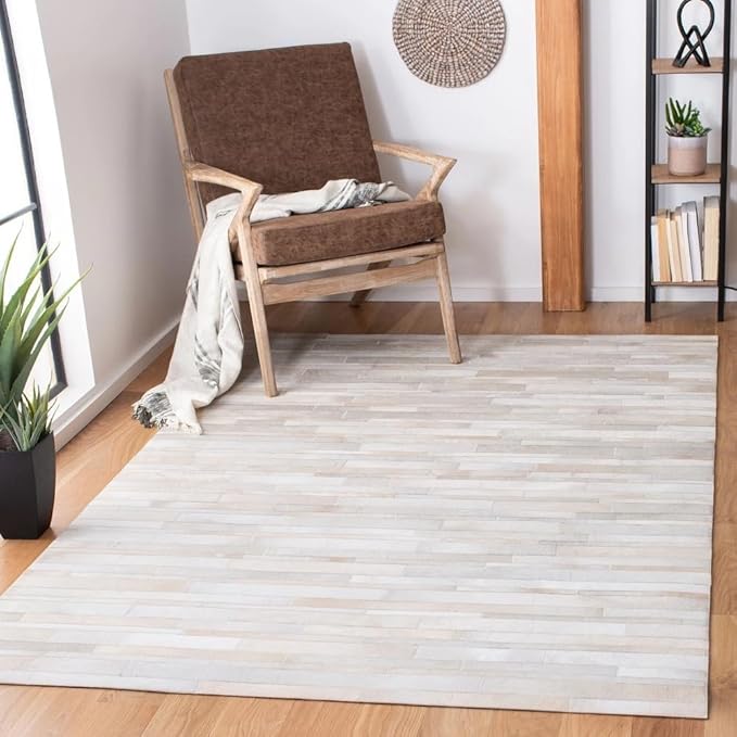 Cowhide Leather Rug for Living Room 4x6 Natural Leather Rug Modern Stripes Style Floor Carpet for Home Decor | Superior Indoor Area Rug, Washable Rug White