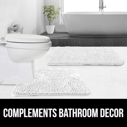 GORILLA GRIP Plush Absorbent Shaggy Chenille Bath Rug Mat for Oval Toilet Base with Rubber Backing, Machine Washable Rugs, Soft Microfiber Contour Mats for Toilets, Bathroom Decor, White