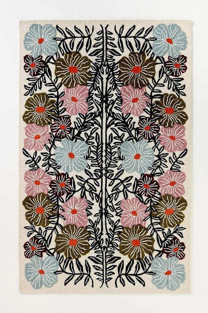 Bold Floral Hand-Tufted Wool Rug 2.5x10 Ft (Runner) – Vintage-Style Area Carpet with Modern Botanical Pattern for Living Room, Bedroom, Nursery, Cottagecore Décor, Soft Wool Pile, Cotton Backing