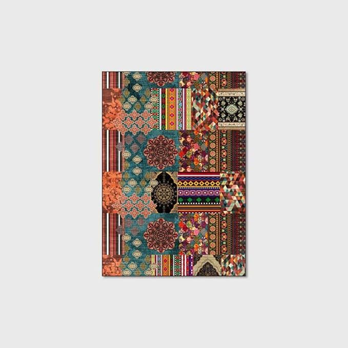 Vintage Boho Area Rugs Multicolor Ethnic Style Geometric Splicing Carpets Bedroom Living Room Kitchen Floor Mats Indoor Outdoor Non-Shedding Runner Rug Home Décor Carpet 4' X 4'