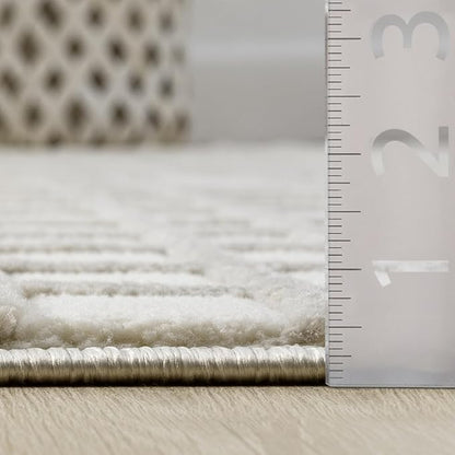 Abani Cream Grid Textured Area Rug - 4' x 6' - Chunky, Plush and Soft Washable Carpet - Perfect for Living Room & Bedroom - Plush Deco Collection