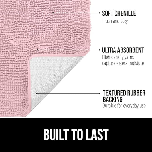 GORILLA GRIP Bath Rug Mat, Thick Soft Absorbent Chenille, Quick Dry Microfiber Mats, Rubber Backing Washable Shower Floor Rugs, US Designed Bathroom Bathmat Home Decor Accessories, 24x17 Light Pink