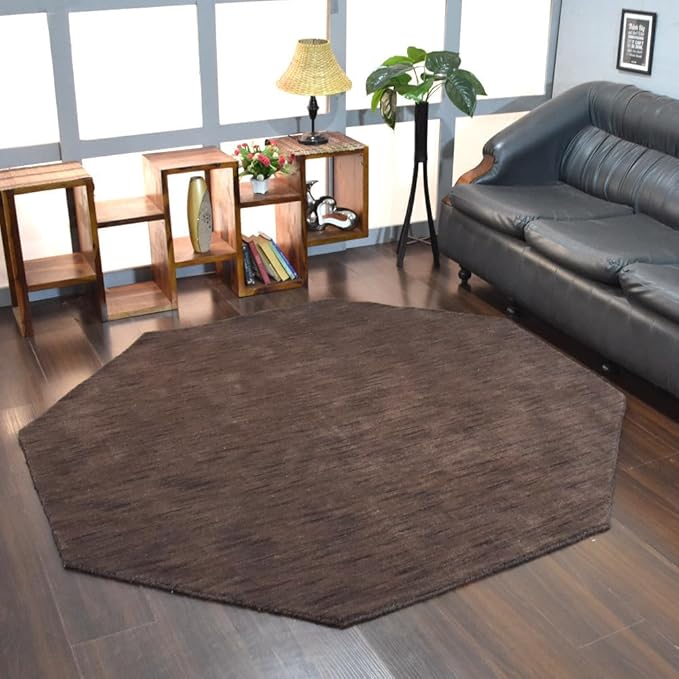 Hand Knotted Loom Wool ECO-Friendly Area Rugs - 8'x8', Octagon, Brown Color, Solid Plain Design, High Pile Thick Handmade Anti Skid Area Rugs for Living Room, Bed Room (L00111)