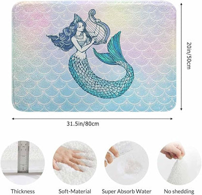 Mermaid with Harp Bath Rugs Microfiber Bathroom Mat Soft Plush Shaggy Shower Mat for Bathroom Fluffy Comfortable Water Absorbent Carpet Non-Slip Machine Washable 20"X30"