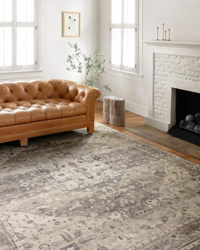 Loloi Hathaway Collection HTH-05 Steel/Ivory 9'-0" x 12'-0", .25" Thick Area Rug, Soft, Durable, Printed, Modern, Low Pile, Non-Shedding, Easy Clean, Living Room Rug
