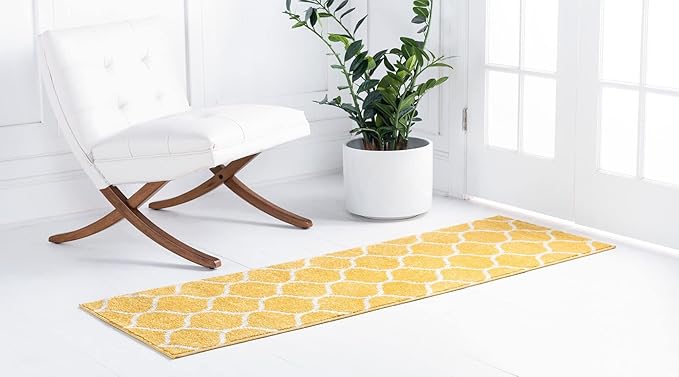 Rugs.com Lattice Frieze Collection Rug – 2' x 6' Runner Yellow Medium Rug Perfect for Living Rooms, Large Dining Rooms, Open Floorplans