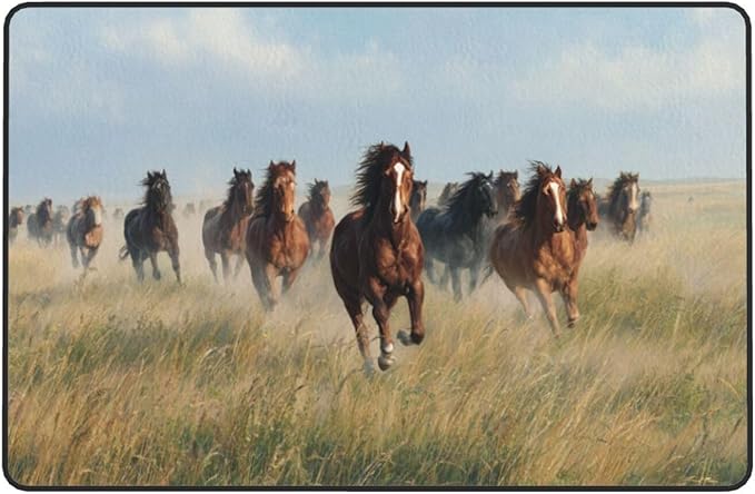 Horses Gallop Across The Grassland Area Rug Washable Outdoor Rugs Anti-Slip Soft Carpet Entryway Indoor Door Mat for Bedroom,Living Room,Porch,Terrace and Entrance Decor 5'x 4'
