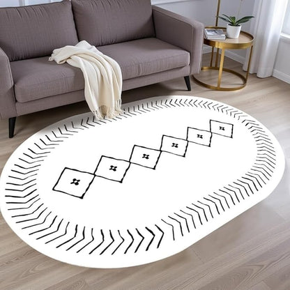 Simple Black and White Geometric Texture Bordered Area Rug 3x5 for Living Room Bedroom Dining Room Soft Washable Anti Slip Floor Mats Doormat Modern Minimalist Large Carpet Cozy Indoor Oval Rugs