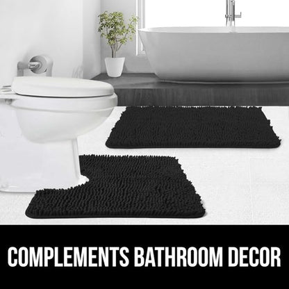 GORILLA GRIP Plush Absorbent Shaggy Chenille Bath Rug Mat for Square Toilet Base with Rubber Backing, Machine Washable Rugs, Soft Microfiber Contour Mats for Toilets, Bathroom Decor, Black