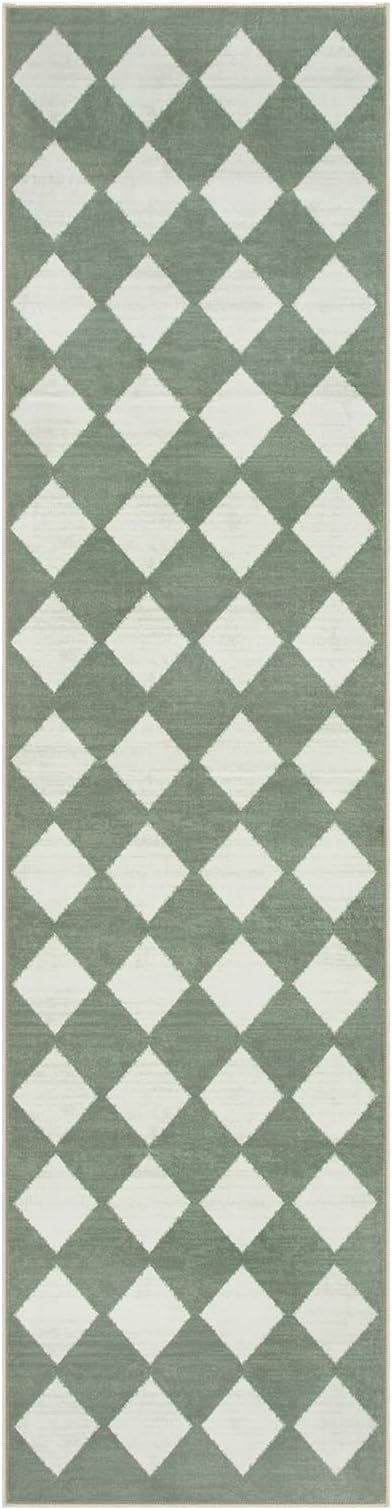 Lahome Checkered Washable 2x6 Green Runners for Hallways Non Slip, Ultra-Thin Kitchen Bathroom Runner Rugs, Moroccan Trellis Throw Carpet Runner for Bedroom Entryway Decor (2'x6',Green)