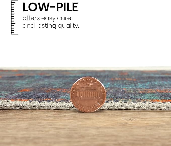 GLN Rugs Contemporary Collection - Machine Washable Area Rug, Contemporary Washable, Non Slip, Low Pile Chenille Rug, Living Room, Bedroom, Kitchen Rug (2'6" x 7' Midnight/Multi)