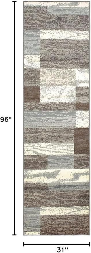 Superior Indoor Runner Rug, Jute Backed, Modern Geometric Patchwork Floor Decor for Bedroom, Office, Living Room, Entryway, Hardwood Floors, Rockwood Collection, 2' 7" x 8', Light Blue-Ivory