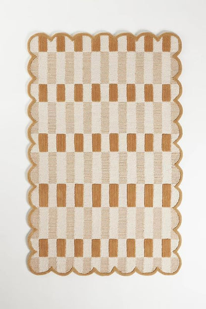 Hand-Tufted Wool Area Rug with Scalloped Edges, Beige and Green Plaid Pattern, Cozy and Soft Accent Rug for Living Room, Bedroom, and Nursery, Handmade Decorative Rug