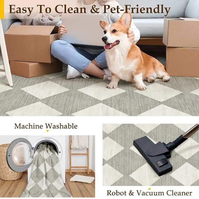 6x9 Checkered Area Rugs for Living Room Grey Machine Washable Large Rug Non-Slip Stain Resistant Low Pile Boho Accent Indoor Throw Carpet for Bedroom Dining Room Classroom