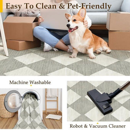 2x8 Runner Checkered Rug for Hallways Grey Washable Long Carpet Non-Slip Low Pile Boho Indoor Accent Throw Rug for Entrance Kitchen Bedroom Dining Laundry