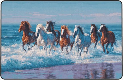 Horse Run Gallop in Waves Ocean Area Rug Washable Outdoor Rugs Anti-Slip Soft Carpet Entryway Indoor Door Mat for Bedroom,Living Room,Porch,Terrace and Entrance Decor 2'x 1.4'