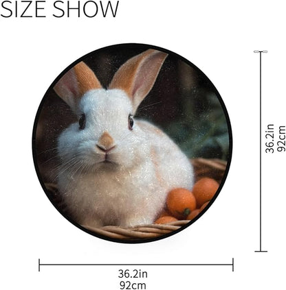 Soft and Cozy 3ft Small Round Rug Non-Slip, Washable Indoor/Outdoor Rug for Home Decor Adorable Bunny Eating Carrot Picnic Basket Print.